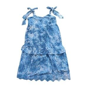 Crown & Ivy Midi Dress 10 Sleeveless Blue Tie Dye Eyelet 100% cotton V-neck Bow